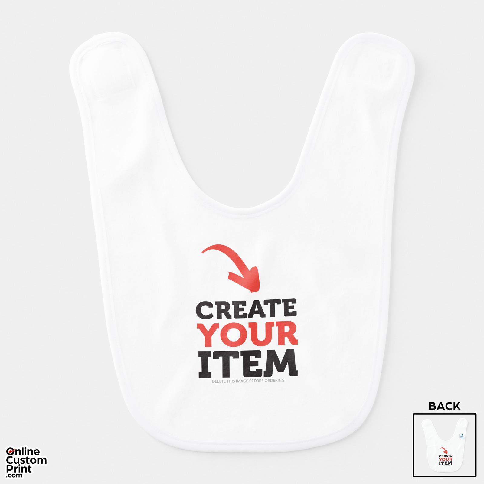 This image features a white baby bib with a customizable design area. The bib is made from soft, durable polyester fleece, perfect for gentle baby skin and easy to clean.