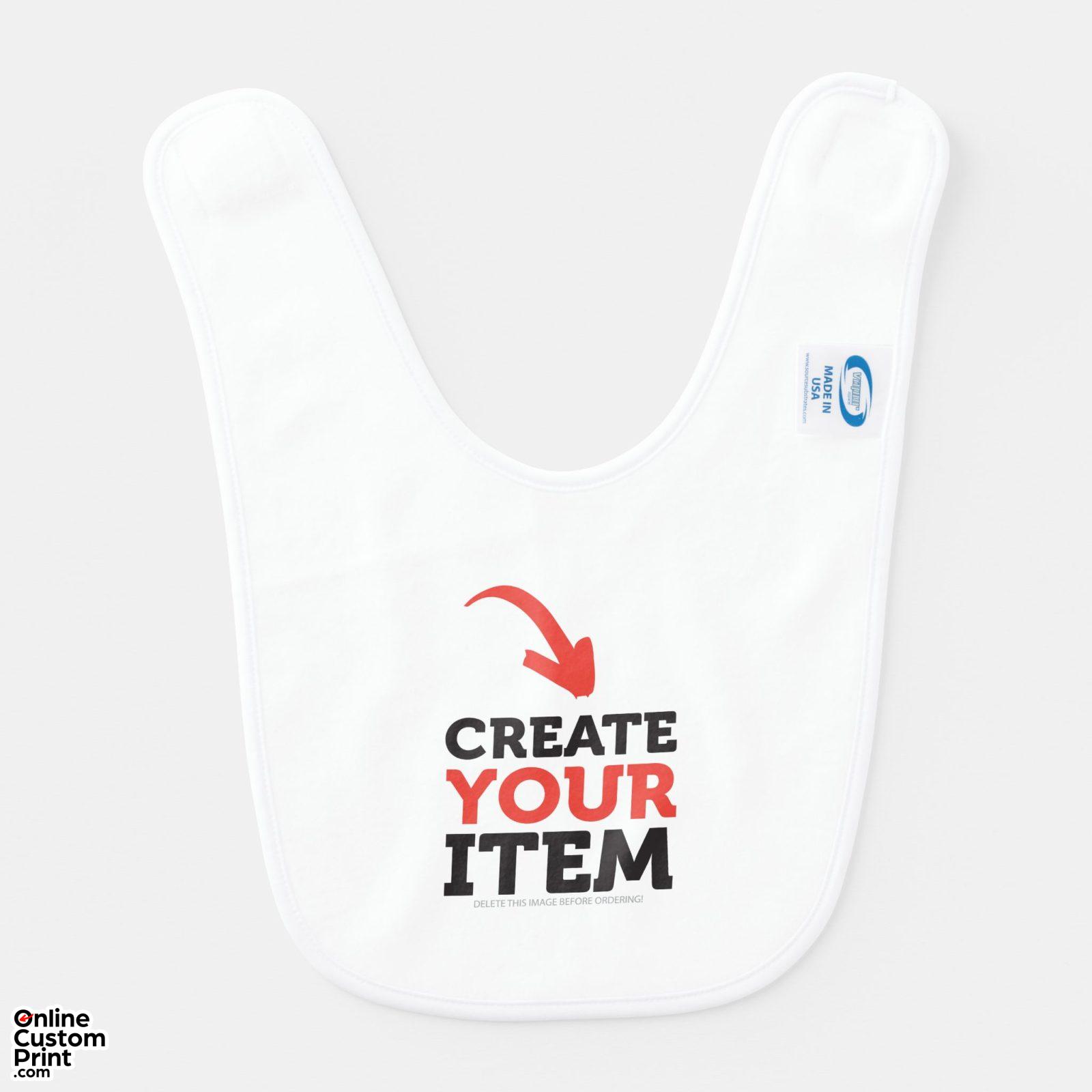 This image features a white baby bib with a customizable design area. The bib is made from soft, durable polyester fleece, perfect for gentle baby skin and easy to clean.