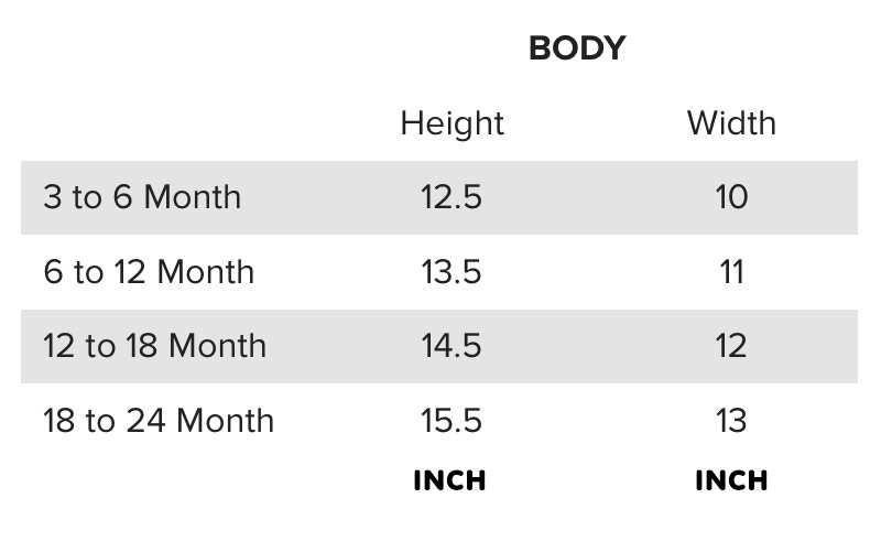 Size chart baby jersey t-shirt